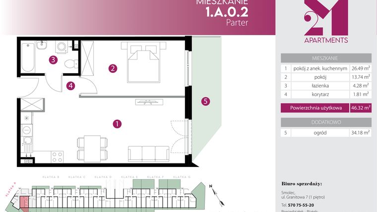 Rzut - Mieszkanie na sprzedaż 2 pokoje o powierzchni 46,32 m² - numer 1.A.0.2 w Maślice Wrocław Milo Dobry Deweloper etap IV