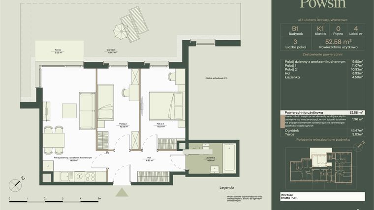 Rzut - Mieszkanie na sprzedaż 3 pokoje o powierzchni 52,58 m² - numer B1/4 w Onelife Powsin