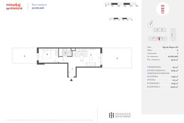 Rzut - Mieszkanie na sprzedaż 2 pokoje o powierzchni 43,27 m² - numer A5.100.M01 w Mieszkaj w mieście - Ogrody Glogera