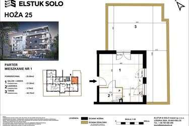 Rzut - Lokal użytkowy na sprzedaż 1 pokój o powierzchni 25,09 m² - numer 1 w Hoża 25