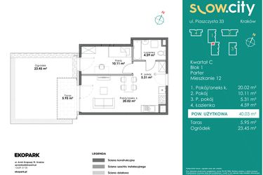 Rzut - Mieszkanie na sprzedaż 2 pokoje o powierzchni 40,03 m² - numer C1-12 w Slow City