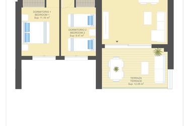 Rzut - Mieszkanie na sprzedaż 2 pokoje o powierzchni 110 m² - numer 10.1.B w Sea Gardens - Campoamor
