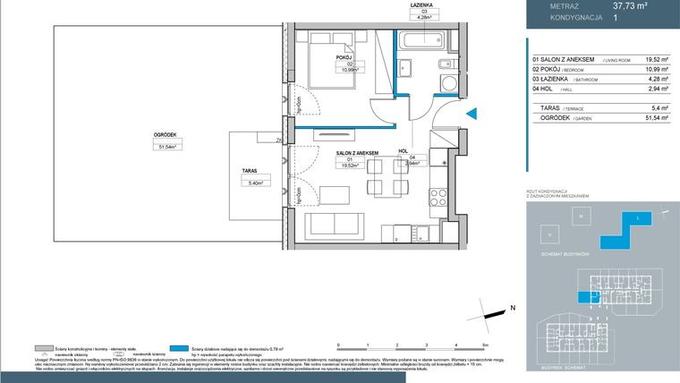 Rzut - Mieszkanie na sprzedaż 2 pokoje o powierzchni 37,7 m² - numer L2.1.01 w Nordic Bemowo - etap III