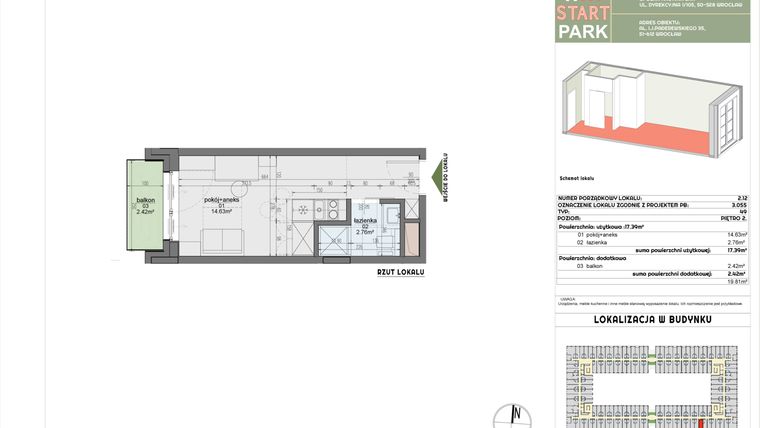 Rzut - Mieszkanie na sprzedaż 1 pokój o powierzchni 17,39 m² - numer 2.12 w START PARK