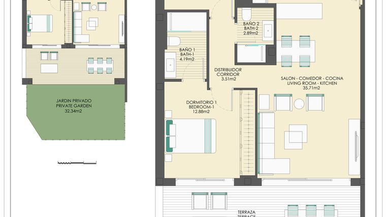 Rzut - Mieszkanie na sprzedaż 2 pokoje o powierzchni 150,43 m² - numer B30A w Arrecife by UrbinCasa