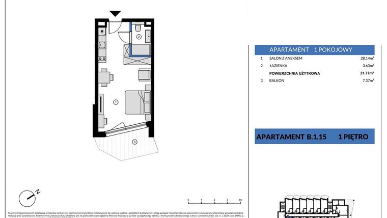 Rzut - Mieszkanie na sprzedaż 1 pokój o powierzchni 31,77 m² - numer B.1.15 w Wind Yacht