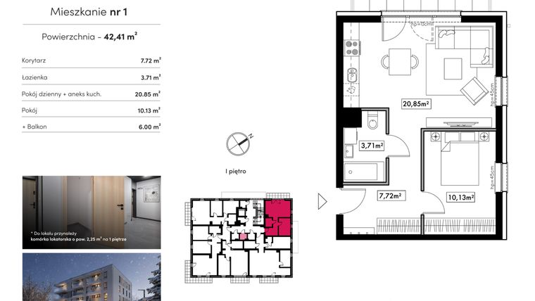Rzut - Mieszkanie na sprzedaż 3 pokoje o powierzchni 42,41 m² - numer M1 w Novum Rumia - bud. 15