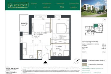 Rzut - Mieszkanie na sprzedaż 2 pokoje o powierzchni 40,46 m² - numer 1.M11 w Sosnovia