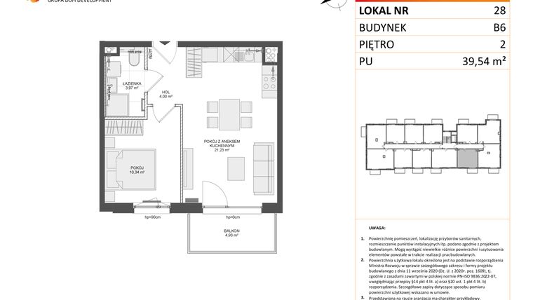 Rzut - Mieszkanie na sprzedaż 2 pokoje o powierzchni 39,54 m² - numer B6.28 w Osiedle Przy Błoniach 3 etap IV