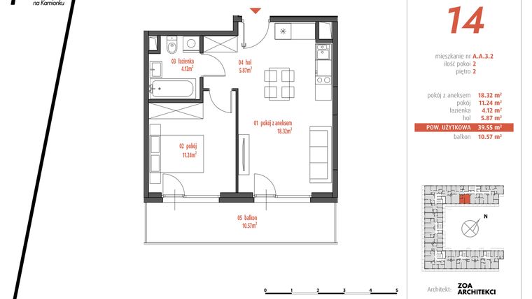 Rzut - Mieszkanie na sprzedaż 2 pokoje o powierzchni 39,55 m² - numer AA3.2 w PUR
