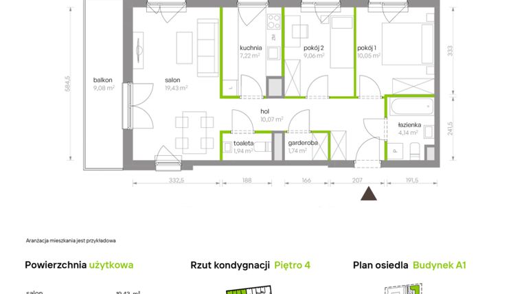 Rzut - Mieszkanie na sprzedaż 3 pokoje o powierzchni 63,65 m² - numer A1.4A20 w Bemowo Vita