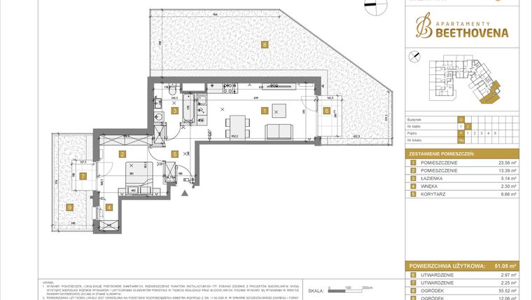 Rzut - Mieszkanie na sprzedaż 1 pokój o powierzchni 51,05 m² - numer D18 w Apartamenty Beethovena etap 2 - apartamenty inwestycyjne