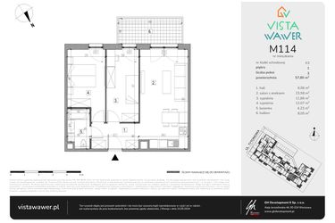 Rzut - Mieszkanie na sprzedaż 3 pokoje o powierzchni 57,8 m² - numer M114 w Vista Wawer