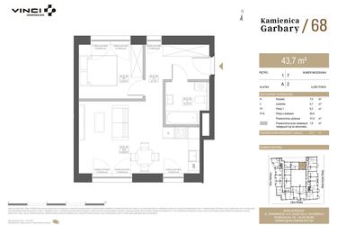 Rzut - Mieszkanie na sprzedaż 2 pokoje o powierzchni 43,7 m² - numer 7 w Garbary 68