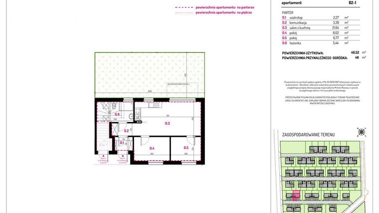 Rzut - Mieszkanie na sprzedaż 3 pokoje o powierzchni 46,52 m² - numer B2-1 w Aleja Kwitnącej Wiśni
