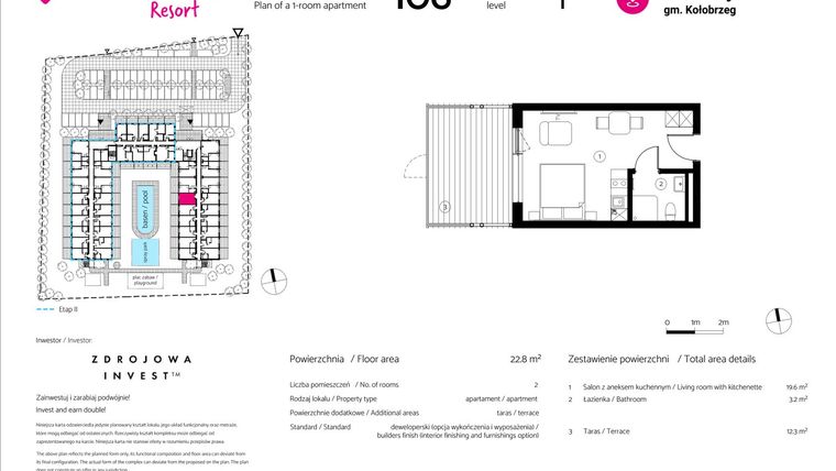 Rzut - Mieszkanie na sprzedaż 1 pokój o powierzchni 22,8 m² - numer 106 w VacationClub Resort