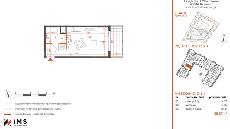 Rzut - Mieszkanie na sprzedaż 1 pokój o powierzchni 29,62 m² - numer D.1.1 w Rondo Ceglana etap II