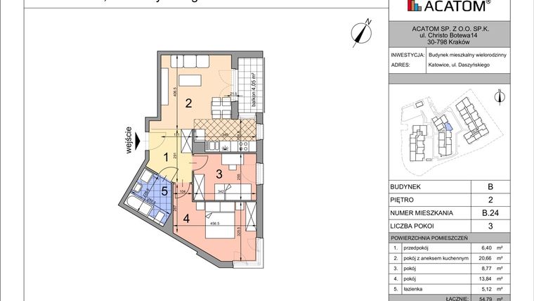 Rzut - Mieszkanie na sprzedaż 3 pokoje o powierzchni 54,66 m² - numer B24 w Daszyńskiego Park