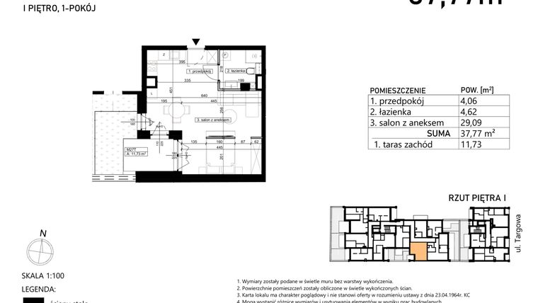 Rzut - Mieszkanie na sprzedaż 1 pokój o powierzchni 37,77 m² - numer M27 w Finezja