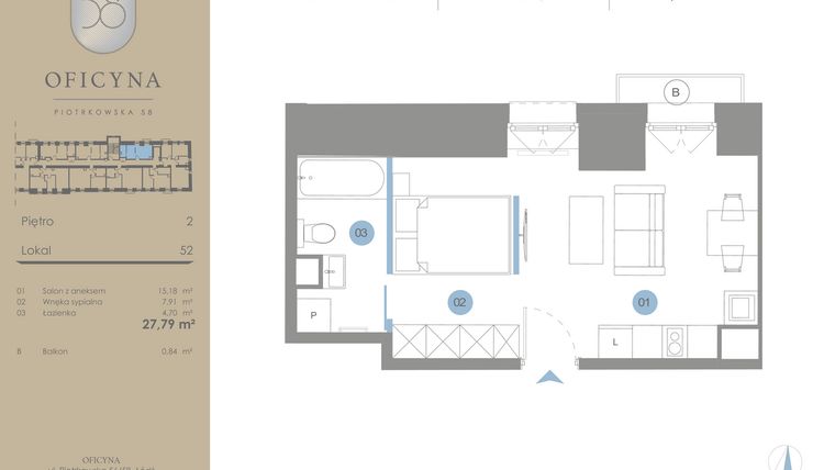 Rzut - Mieszkanie na sprzedaż 1 pokój o powierzchni 27,79 m² - numer 52 w Oficyna