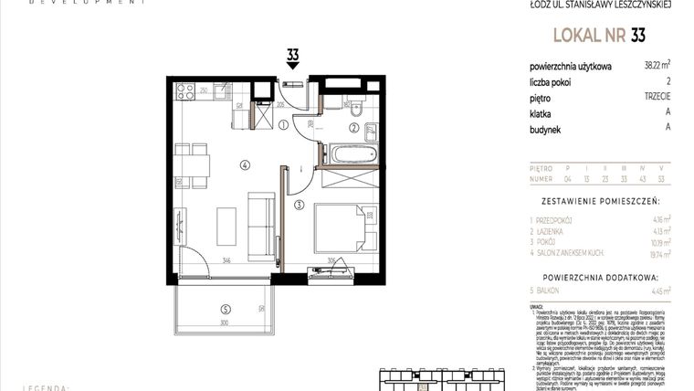 Rzut - Mieszkanie na sprzedaż 2 pokoje o powierzchni 38,22 m² - numer A033 w Ustronna