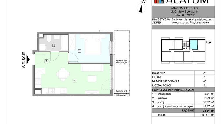 Rzut - Mieszkanie na sprzedaż 2 pokoje o powierzchni 38,54 m² - numer A1.8 w Wawer Go 2.0