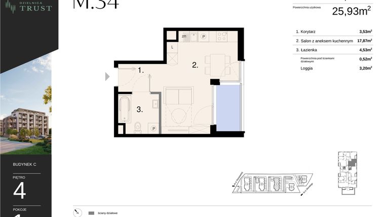 Rzut - Mieszkanie na sprzedaż 1 pokój o powierzchni 26,45 m² - numer C - M.34 w Dzielnica Trust - etap I