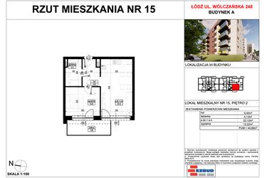 Rzut - Mieszkanie na sprzedaż 2 pokoje o powierzchni 44,89 m² - numer A.15 w Wólczańska 248 - etap II