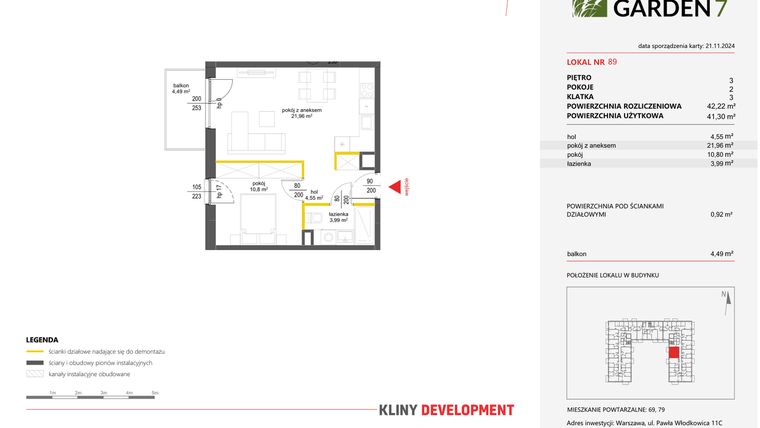 Rzut - Mieszkanie na sprzedaż 2 pokoje o powierzchni 42,22 m² - numer 89 w Nova Viva Garden 7