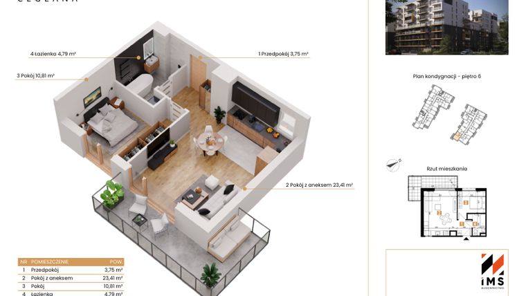 Rzut - Mieszkanie na sprzedaż 2 pokoje o powierzchni 42,76 m² - numer A.6.7 w Rondo Ceglana etap II