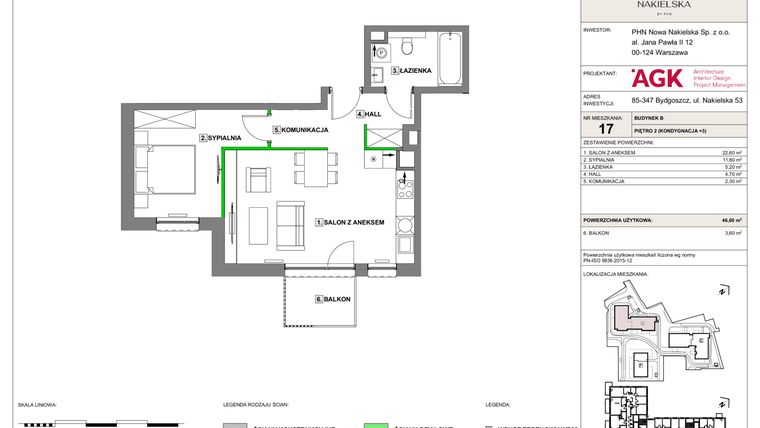 Rzut - Mieszkanie na sprzedaż 2 pokoje o powierzchni 46,6 m² - numer NN-B-LM-17 w Nowa Nakielska by PHN