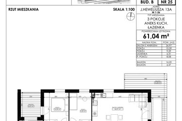 Rzut - Mieszkanie na sprzedaż 3 pokoje o powierzchni 61,04 m² - numer JAR-II-B-LM-M25 w Osiedle JAR Heweliusza etap II