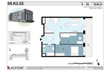 Rzut - Mieszkanie na sprzedaż 3 pokoje o powierzchni 63,85 m² - numer 09.K2.02 w Langiewicza 37