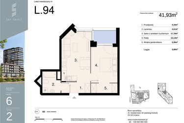 Rzut - Mieszkanie na sprzedaż 2 pokoje o powierzchni 41,93 m² - numer L94 w Sky Trust etap II - apartamenty inwestycyjne 23% VAT PRS