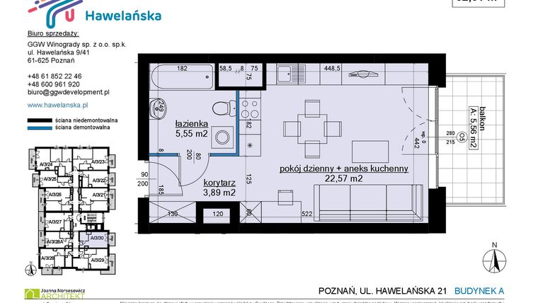 Rzut - Mieszkanie na sprzedaż 1 pokój o powierzchni 32,01 m² - numer A/3/30 w Osiedle Hawelańska etap III - bud. A