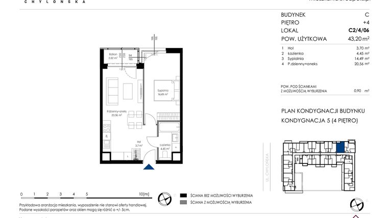 Rzut - Mieszkanie na sprzedaż 2 pokoje o powierzchni 43,2 m² - numer C2/4/06 w Chylońska STO10 etap III