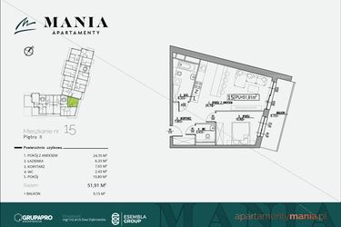 Rzut - Mieszkanie na sprzedaż 2 pokoje o powierzchni 51,91 m² - numer 15 w MANIA Apartamenty