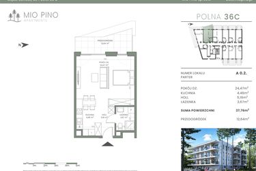 Rzut - Mieszkanie na sprzedaż 2 pokoje o powierzchni 37,76 m² - numer 0.2 w Mio Pino