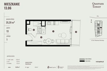 Rzut - Mieszkanie na sprzedaż 1 pokój o powierzchni 25,29 m² - numer 13.06 w Quorum Tower