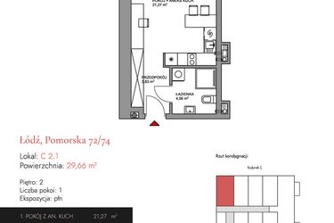 Rzut - Mieszkanie na sprzedaż 1 pokój o powierzchni 29,66 m² - numer C 2.1 w Melody Loft