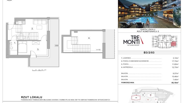 Rzut - Mieszkanie na sprzedaż 2 pokoje o powierzchni 45,1 m² - numer B3/2/03 w Tremonti