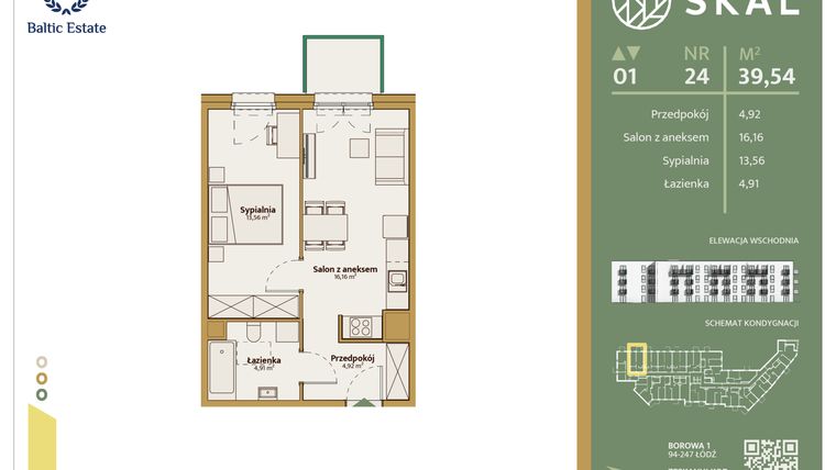 Rzut - Mieszkanie na sprzedaż 2 pokoje o powierzchni 39,54 m² - numer M.24 w Skal