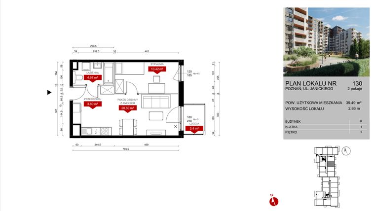 Rzut - Mieszkanie na sprzedaż 2 pokoje o powierzchni 39,49 m² - numer K.130 w Wieża Jeżyce etap V