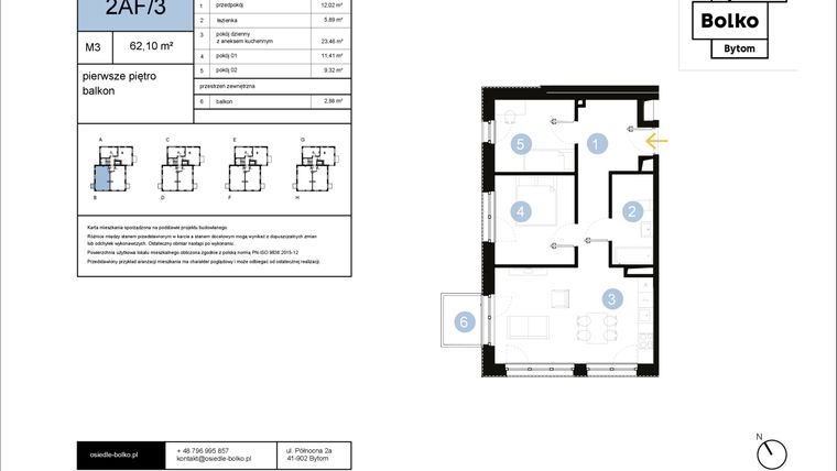 Rzut - Mieszkanie na sprzedaż 3 pokoje o powierzchni 62,1 m² - numer 2AF/3 w Osiedle Bolko etap II