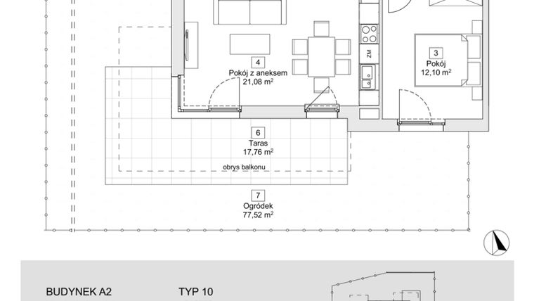 Rzut - Mieszkanie na sprzedaż 2 pokoje o powierzchni 47,62 m² - numer A2.0.3 w Zacisze Marcelin IIIa