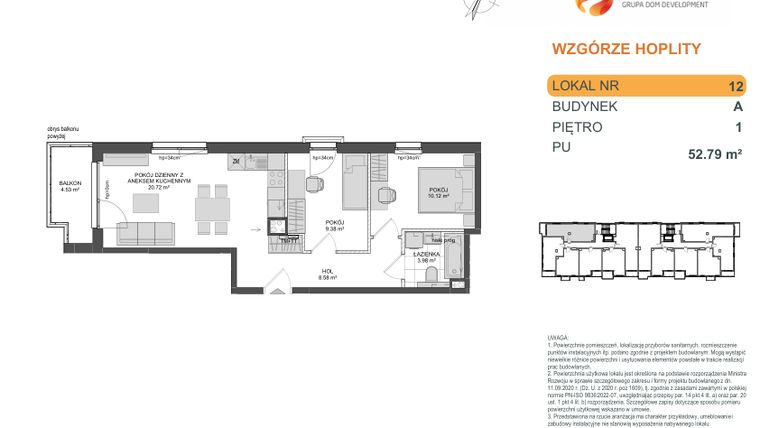 Rzut - Mieszkanie na sprzedaż 3 pokoje o powierzchni 52,79 m² - numer 1_1_A_1_12 w Wzgórze Hoplity