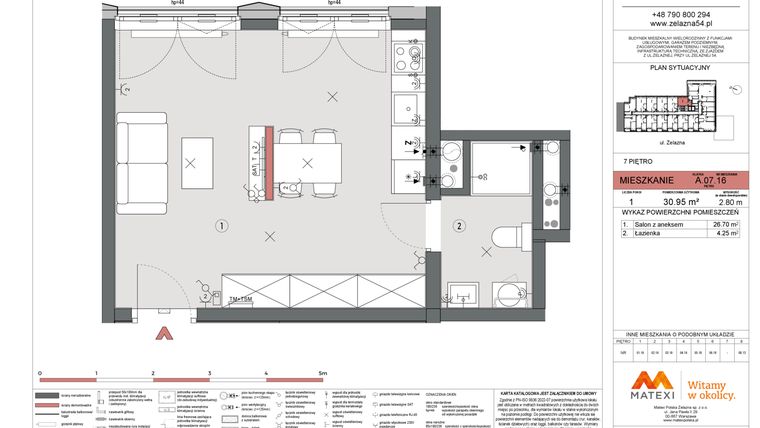 Rzut - Mieszkanie na sprzedaż 1 pokój o powierzchni 30,95 m² - numer A.07.16 w Żelazna 54