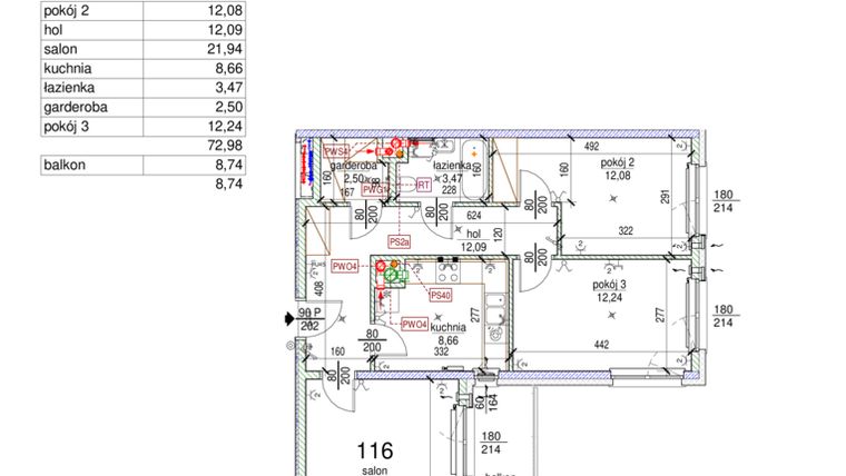 Rzut - Mieszkanie na sprzedaż 3 pokoje o powierzchni 72,98 m² - numer 116 w Rezydencja Liwska