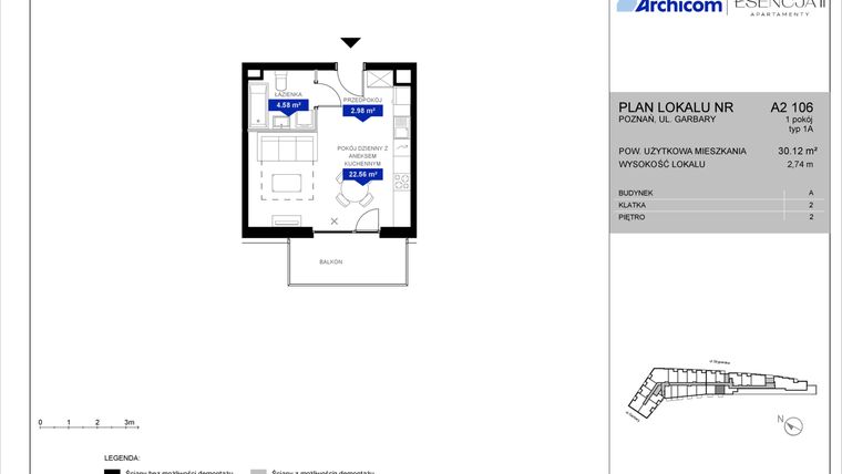 Rzut - Mieszkanie na sprzedaż 1 pokój o powierzchni 30,12 m² - numer A2.106 w Apartamenty Esencja II
