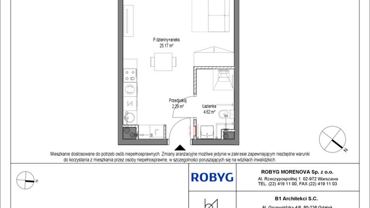 Rzut - Mieszkanie na sprzedaż 1 pokój o powierzchni 32,08 m² - numer B.2M02 w Leszczyńskich 2
